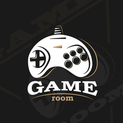 Vector gamepad logo. Game design, old, retro, vintage arcades, in monochrome style. Sign, banner, emblem of the tournament. Logo of video games. Computer Club.