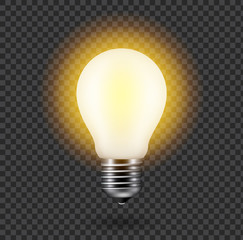 Vector image of a light bulb. Realistic 3d object on a transparent background. The effect of light. The symbol of creativity and ideas.