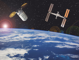 Space station. Spaceships above the earth. The elements of this image furnished by NASA.