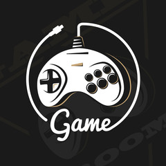 Vector gamepad logo. Game design, old, retro, vintage arcades, in monochrome style. Sign, banner, emblem of the tournament. Logo of video games. Computer Club.
