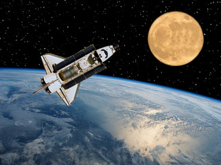 Fototapeta premium Spaceship and moon. Earth on the backdrop. The elements of this image furnished by NASA.