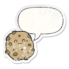 cartoon biscuit and speech bubble distressed sticker