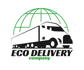 Vector eco truck logo. Emblem, banner, logotype of the logistics center, eco delivery, freight, heavy cargo. Black and white color. Monochrome style.