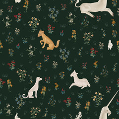 Fototapeta na wymiar Drawn seamless pattern in medieval tapestries style with different animals and unicorn on deep red background