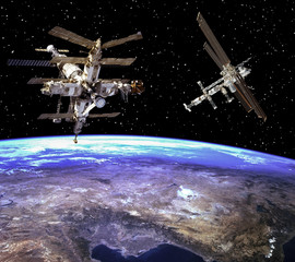 Space station. Spaceships above the earth. The elements of this image furnished by NASA.