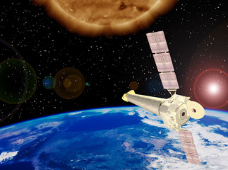Big sun and space satellite. Earth from space. The elements of this image furnished by NASA.