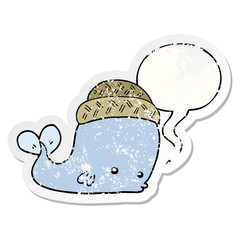 cartoon whale wearing hat and speech bubble distressed sticker
