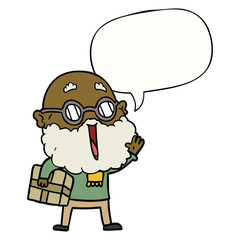 cartoon joyful man and beard and parcel under arm and speech bubble