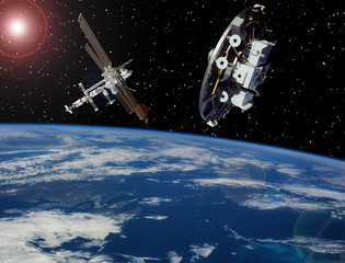 Space station. Spaceships above the earth. The elements of this image furnished by NASA.