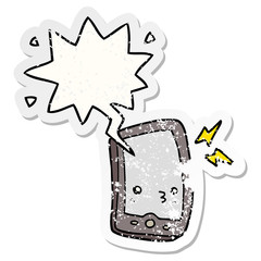 cartoon mobile phone and speech bubble distressed sticker