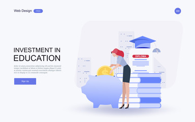 Flat design website banner of investment in knowledge, student loans, scholarships.money,savings for study.Vector illustration.