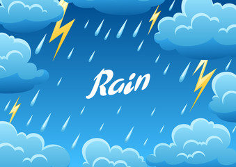 Background with thunderstorm. Illustration of clouds, rain and lightning.