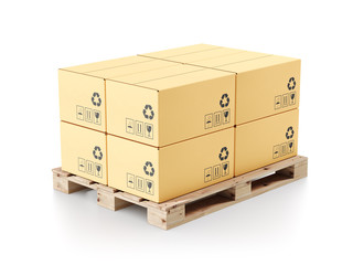 Cardboard boxes with production packaged on wooden pallet