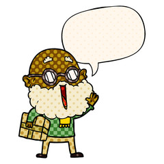 cartoon joyful man and beard and parcel under arm and speech bubble in comic book style