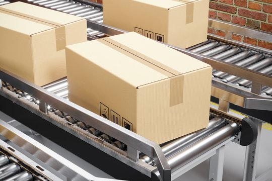 Cardboard boxes on a production conveyor