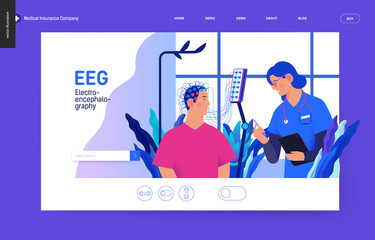 Medical tests template Blue - EEG - electroencephalography - modern flat vector concept digital illustration of encephalography procedure - a patient with head electrodes and doctor in medical office