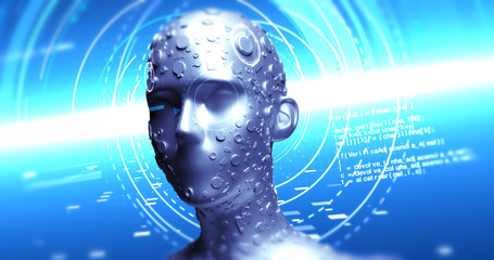 Modern Robot Technology Analyzing Hud Data - Technology Related 3D Illustration Render Concept