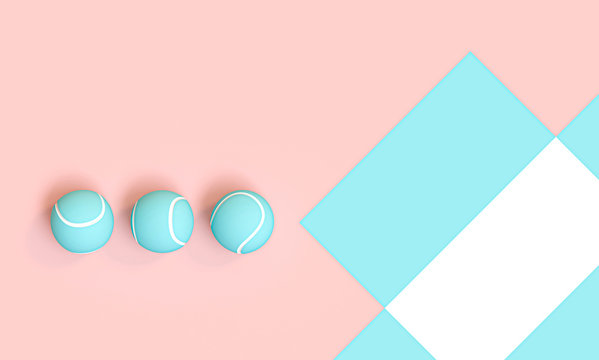 3d render image of a series of blue tennis balls on a pink and white background