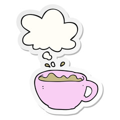 cartoon coffee cup and thought bubble as a printed sticker