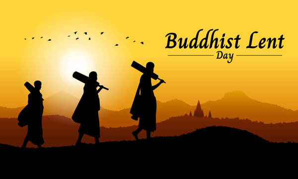 Buddhist lent day banner with Buddhist monk walk on mountain view in evening time vector design