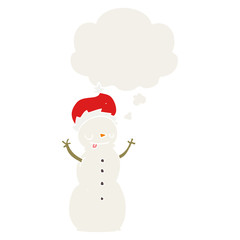 cartoon christmas snowman and thought bubble in retro style