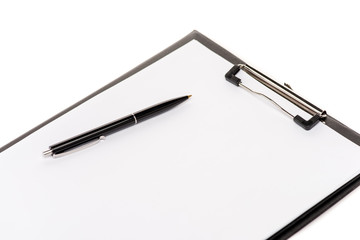 black pen and empty clipboard isolated on white