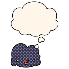 cartoon tiny happy cloud and thought bubble in comic book style