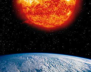 Plakat Earth planet and burning sun above it. The elements of this image furnished by NASA.