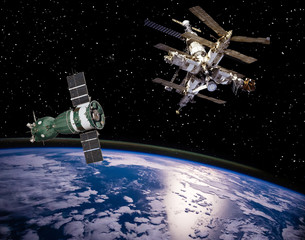 Obraz na płótnie Canvas Earth space station and space craft or satellite. The elements of this image furnished by NASA.