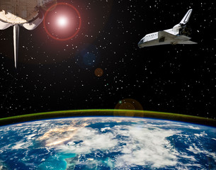 Shuttle flies in space. Other spaceship goes anywhere.  The elements of this image furnished by...