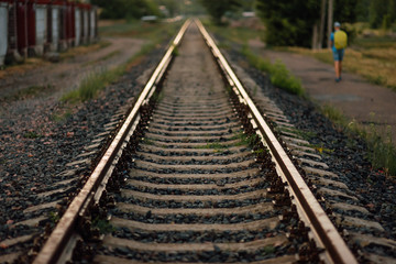 Fototapeta na wymiar Railroad elements. Modern railways infrastructure. Railway transportation in the city. rails. Railroad tie.