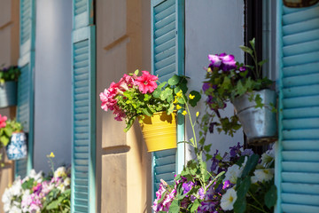 Fototapeta na wymiar flowers on windowsill. beautiful window with blue shutters and flowers in hanging flower pots in the early morning in the sunlight