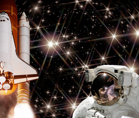 Rocket (shuttle), astronaut and galaxy. The elements of this image furnished by NASA.