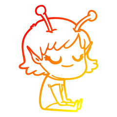 warm gradient line drawing smiling alien girl cartoon