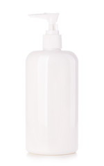 Liquid container for gel, soap, cream, shampoo, bath foam. Cosmetic plastic bottle with white...