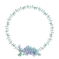 Beautiful watercolor wreath with succulents. Watercolor graphic for fabric, postcard, greeting card, book, poster, tee-shirt, banners, emblems, logo. Illustration, isolated objects.