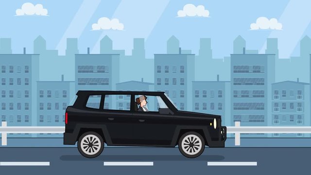 Flat cartoon businesswoman character driving black suv car rides around town side view