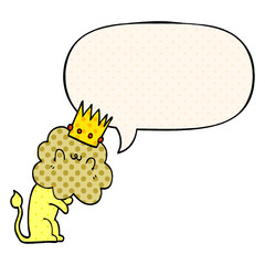 cartoon lion and crown and speech bubble in comic book style