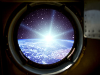 Sunrise, view from spaceship. Elements of this image furnished by NASA.