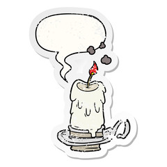 cartoon old spooky candle in candleholder and speech bubble distressed sticker