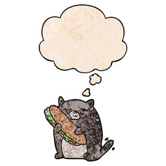 cartoon cat with sandwich and thought bubble in grunge texture pattern style