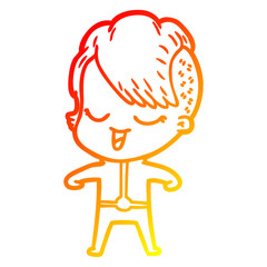 warm gradient line drawing happy cartoon girl in futuristic clothes