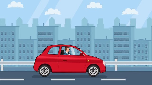 Flat cartoon businessman character driving red minicar rides around town side view