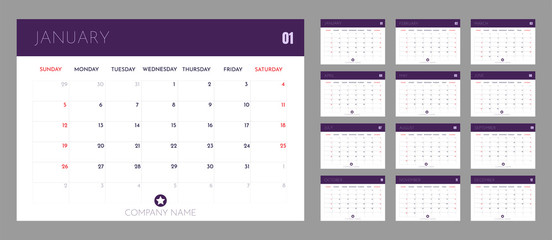 Calendar 2020 template planner. Vector  calender in minimalist office design