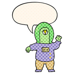 cartoon space alien and speech bubble in comic book style