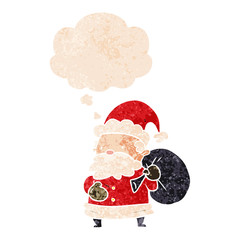 cartoon santa claus and thought bubble in retro textured style