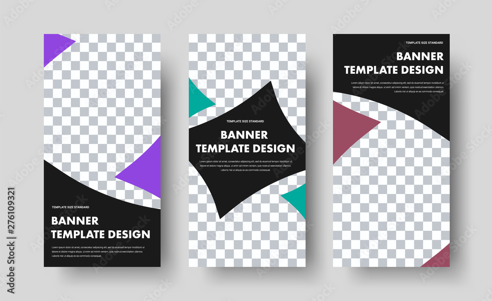 Poster Templates for vertical black web banners with space for photos and chaotic triangular and curved shapes.