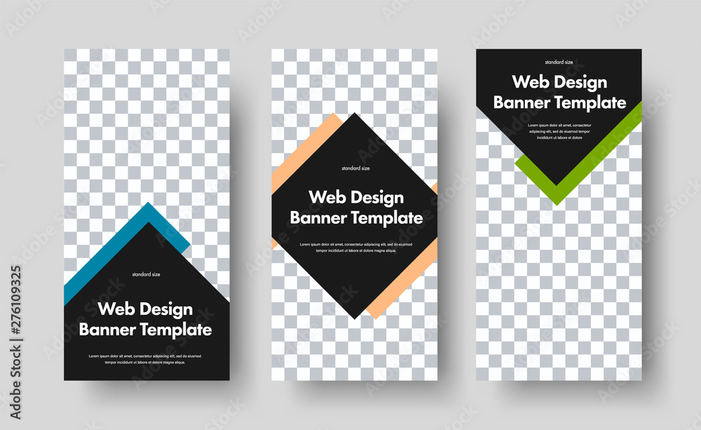 Poster Set of vertical vector black web banners with arrow shape with color lines and space for photo.