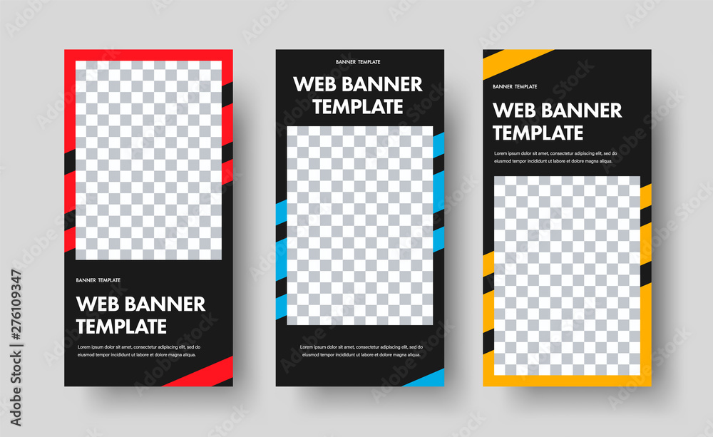 Poster Design of vertical black web banners with a rectangular shape for the photo and color diagonal lines.