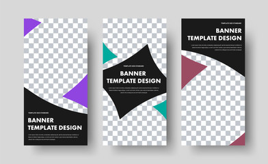 Templates for vertical black web banners with space for photos and chaotic triangular and curved shapes.